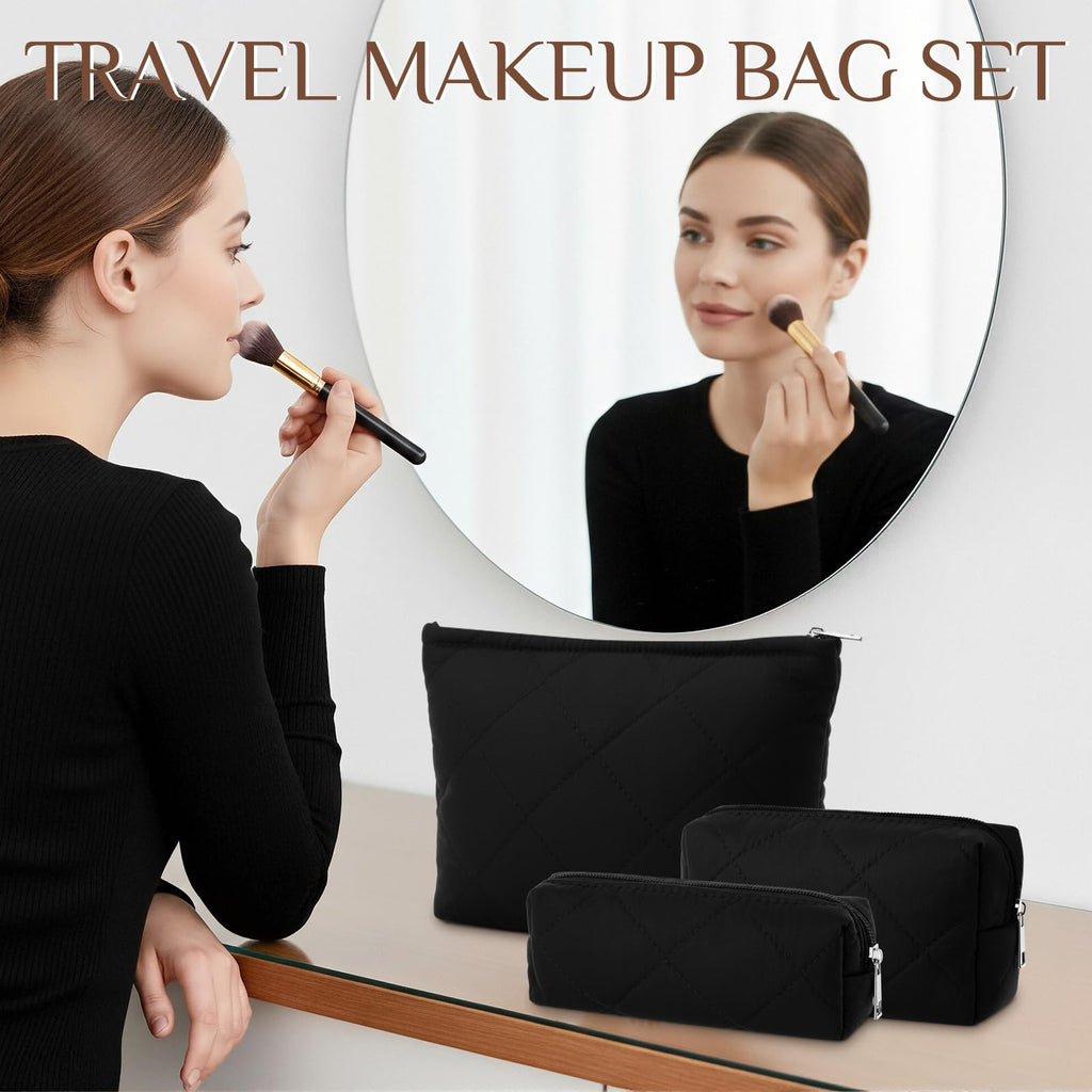 Paterr 3 Pcs Quilted Makeup Bag Set Back to School Favor Small Bridesmaid Cosmetic Bag Aesthetic Travel Pouch Cute Purse Pencil Case Makeup Storage Organizer for Women Birthday Gift(Cotton,Black)