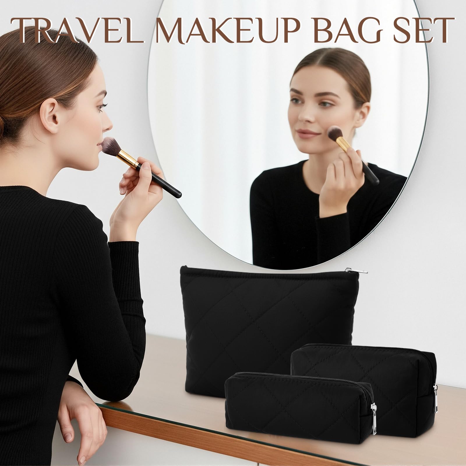 Paterr 3 Pcs Quilted Makeup Bag Set Back to School Favor Small Bridesmaid Cosmetic Bag Aesthetic Travel Pouch Cute Purse Pencil Case Makeup Storage Organizer for Women Birthday Gift(Cotton,Black)