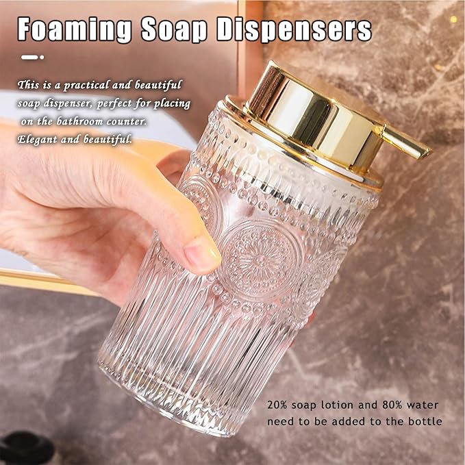 Foaming Soap Dispenser for Kitchen & Bathroom Liquid Kitchen Dish Refillable Soap Dispenser with Gold Plastic Pump Modern Home Bathroom Decor (Clear, L)
