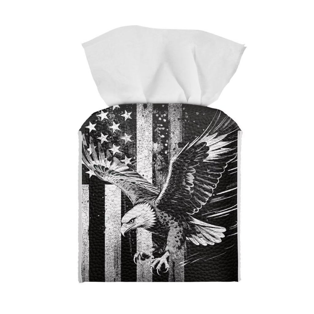 Pzuqiu American Flag Eagle Portable Tissue Box Holder, Lightweight PU Leather Square Tissue Cover with Metal Button, Easy Refill Waterproof Napkin Dispenser for Travel, Car, Office, and Bedroom