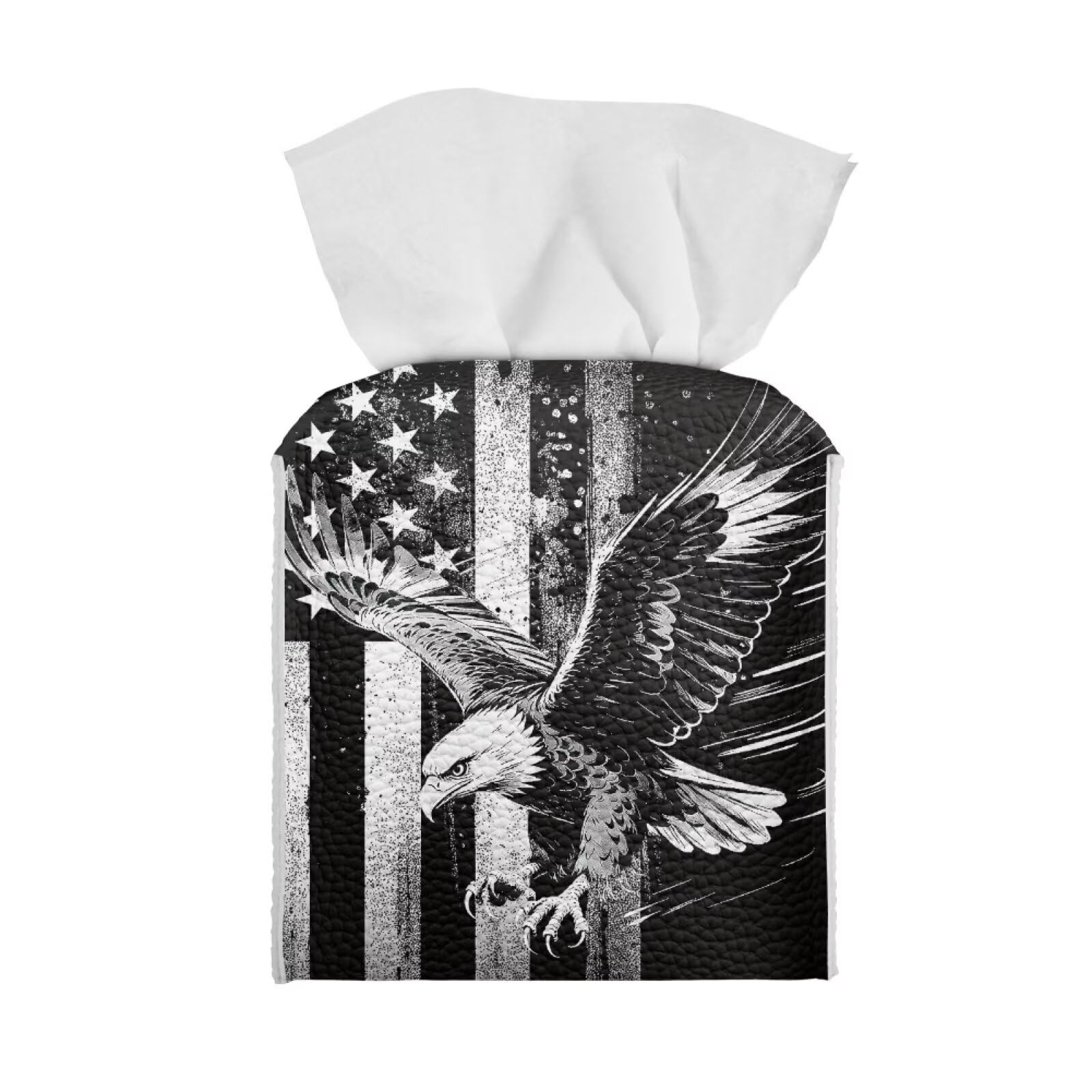 Pzuqiu American Flag Eagle Portable Tissue Box Holder, Lightweight PU Leather Square Tissue Cover with Metal Button, Easy Refill Waterproof Napkin Dispenser for Travel, Car, Office, and Bedroom
