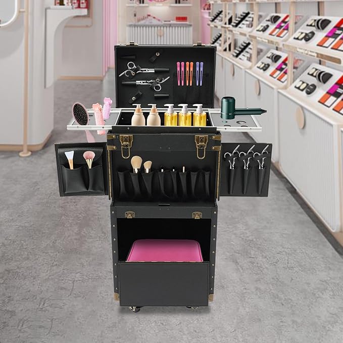 QUEWATSA Rolling Makeup Case Large Storage Cosmetic Trolley, Rolling Lockable Makeup Train Case, Stylist Beauty Salon Cosmetic Luggage Travel Organizer Tool Box with Hair Dryer Holder (Black)