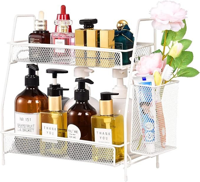 LEMIKKLE 2-Tier Bathroom Countertop Organizer,Skincare, Makeup Countertop Organizers, Kitchen, Bathroom Counter Storage with Small Basket (Black)