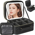 Behaesty Travel Makeup Bag with LED Mirror Double Layer, Detachable Vanity Mirror with Lights, Tri-light Dimmable, Makeup Case with Adjustable Dividers and Brush Holder Cosmetic Organizer Storage Box