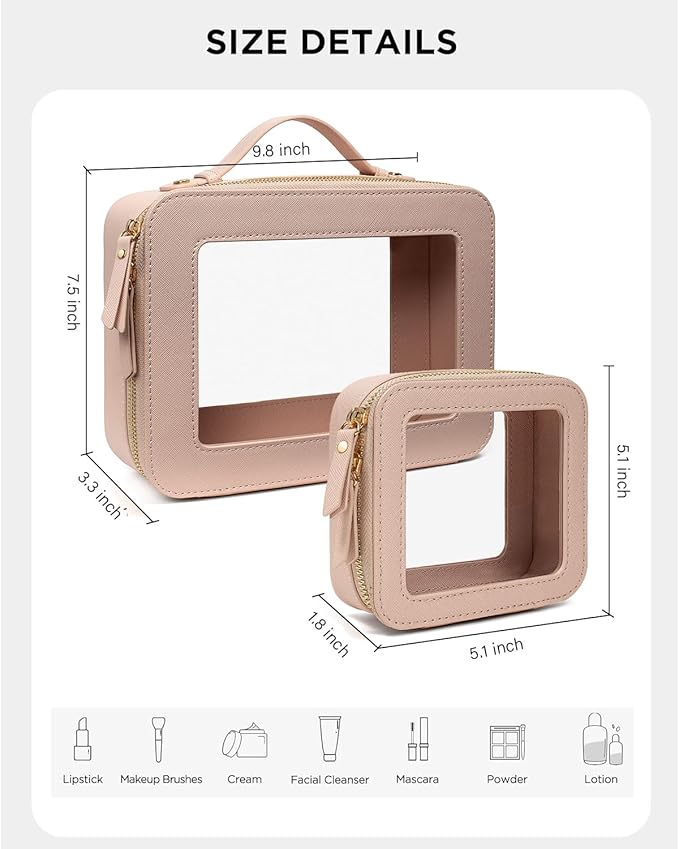 LETGO 2 Pack Clear Travel Toiletry Bag for Women, Large & Mini Waterproof PU TSA Approved Cosmetic Pouches,Portable Beach Vacation Makeup Organizer Set,See Through Skincare Sunscreen Bags for Women