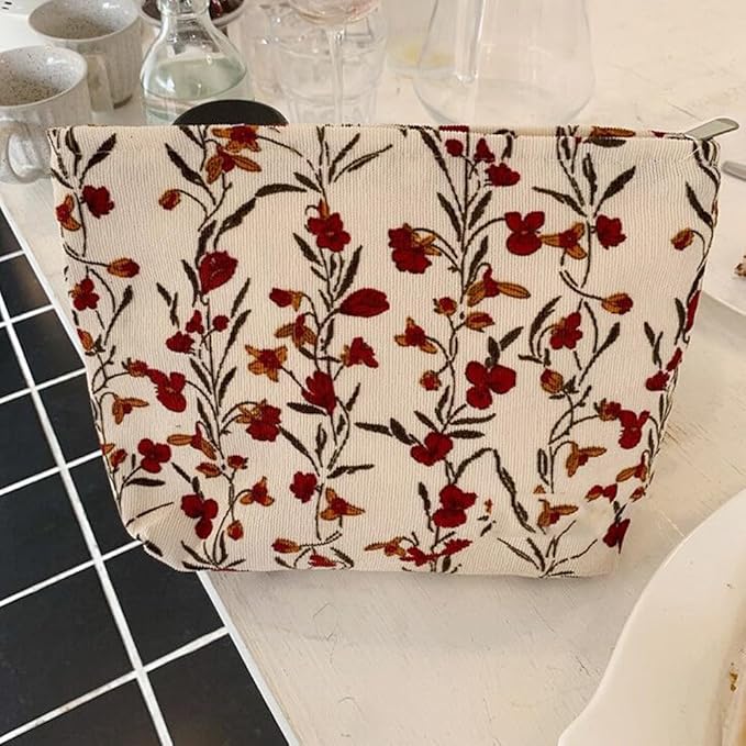 SxoSyo Floral Makeup Bag, Corduroy Cosmetic Bags, Beige