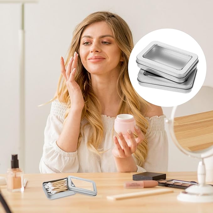 FNANJWQ 4Pcs Travel Cotton Swab Holder, Portable Floss Pick Holder, Metal Cotton Ball Holders for Dental Floss, Clear Dustproof Travel Qtips Case with Lid, Hair Ties Small Items