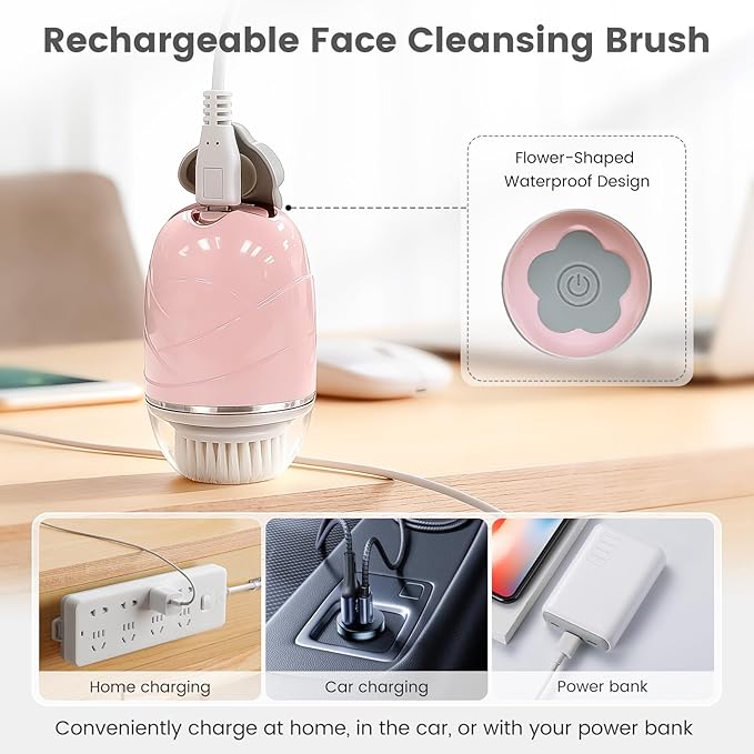 DOCOCO Facial Cleansing Brush, Mini Electric Face Scrubber, Waterproof Face Exfoliator Brush for Deep Cleansing, Portable Face Wash Brush for Travel, Easy to Carry, with 3 Brushheads for Women Mom Men