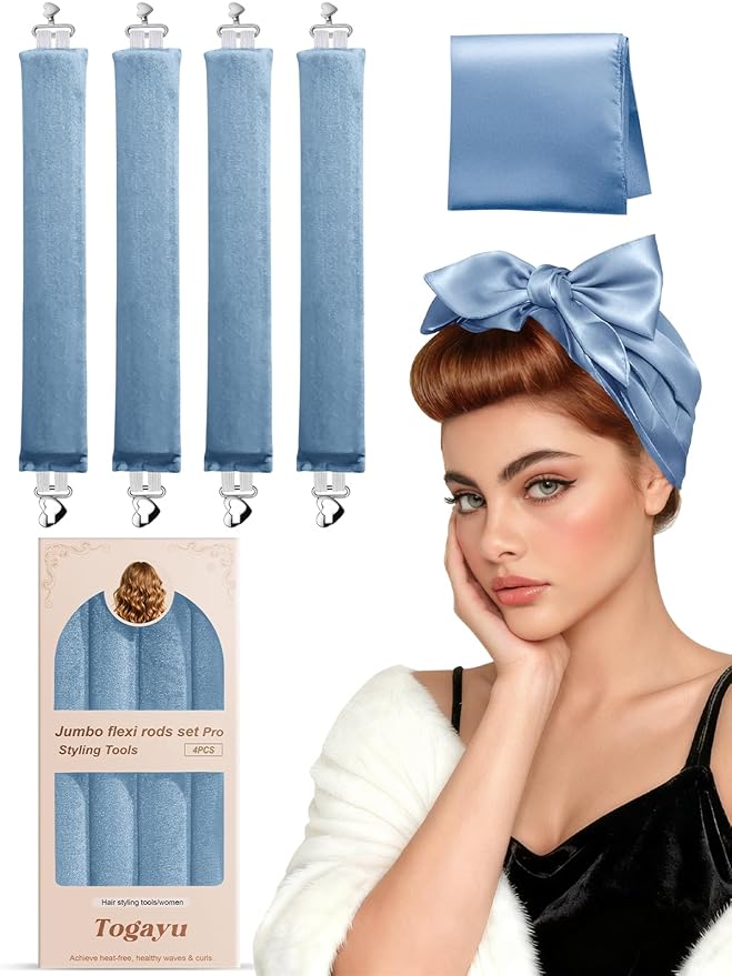 Togayu Heatless Curls Overnight Set - 4PCS Jumbo Velvet Hair Rollers to Sleep In, No-Damage Flexi Rods for Beautiful, Effortless Curls and Waves for Women