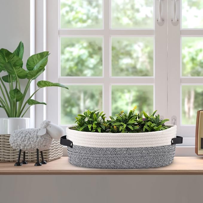 Oradrem 2 Pack Small Cotton Rope Woven Basket Toilet Paper Baskets for Organizing Decorative Basket for Boho Decor Small Storage Basket 13"x5.9"x4" Variegated Gray&White