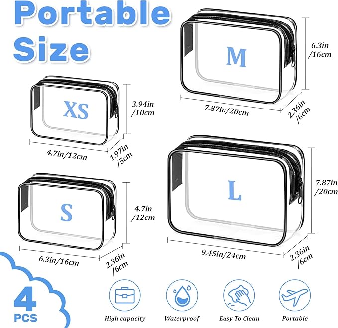 CHICAUP 4 Pieces Clear Cosmetic Bags Bulk TSA Approved Toiletry Bag for Travel PVC Waterproof Clear Makeup Pouch with Zipper for Men and Women Carry-on Travel Essentials