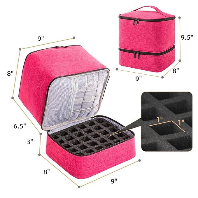 AGX Bravo Nail Polish Carrying Case with UV LED Nail Lamp Compartment - Holds 30 Bottles, Double-layer Nail Light Storage Bag for Nail Dryer, Rose-Pink (BAG ONLY)