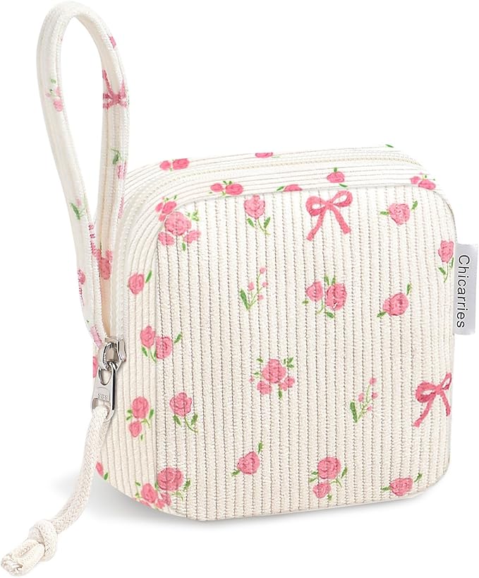 Chicarries Small Makeup Bag | Discreet Period Bag Pad Pouch for Purse| Sanitary Napkin Storage & Tampon Holder for Travel Wallets and Handbags(Flower bow beige)