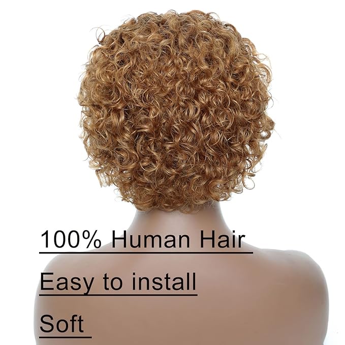 Headband Wigs Human Hair for Black Women Blonde Ombre Pixie Cut Headband Wig Put On and Go Glueless Human Hair Wig with Headband,150% Density 6inch，T27
