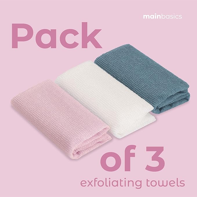 MainBasics Japanese Deep Exfoliating Shower Towel, 3 Pack, Airy Blossom
