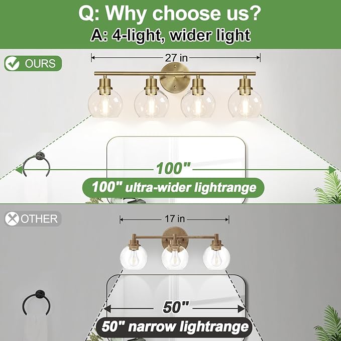 4-Light Bathroom Light Fixtures, Brushed Brass Bathroom Lights Over Mirror with Clear Glass Globe Shade, Vanity Lights for Bathroom Kitchen Living Room Hallway Cabinet Bedroom Porch