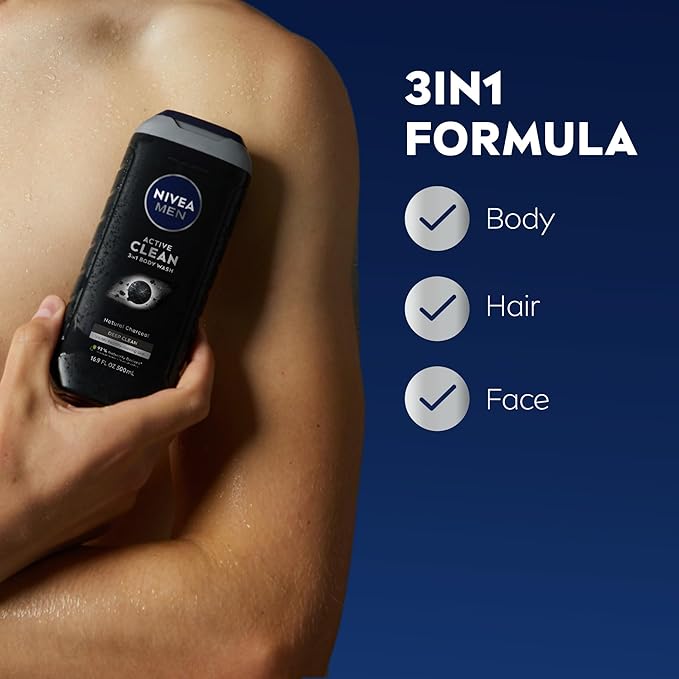 NIVEA MEN Real Madrid Limited Edition Design Active Clean Body Wash with Natural Charcoal for Normal to Oily Skin, 3-in-1 Charcoal Body Wash, Face and Hair, 16.9 Fl Oz Bottle, Pack of 3