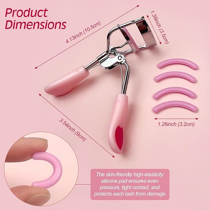 Pink Stainless Steel Eyelash Curler for Lasting Styling, with 4 Silicone Refill Pads, Pain-Free, Suitable for All Eye Shapes