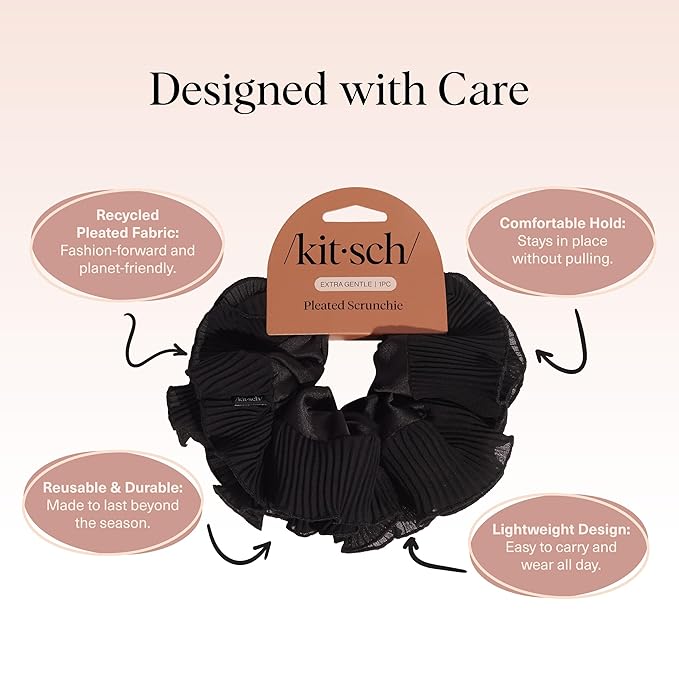 Kitsch Pleated Scrunchie for Women - No Crease Hair Ties No Damage, Stylish and Comfortable Fabric Ponytail Holders for Everyday Hairstyles & Spooky Season Looks - 1pc