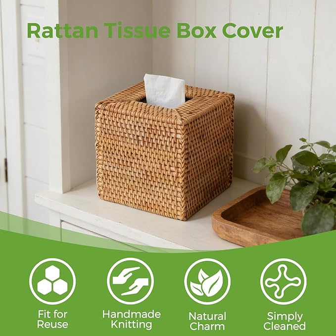 Natural Rattan Tissue Box Cover, Hand Woven Square Wicker Holder for Facial Tissues, Wicker Napkin Holder Ideal for Bathroom Living Room, Tissue Holders Decorative for Kitchen Office and Desk