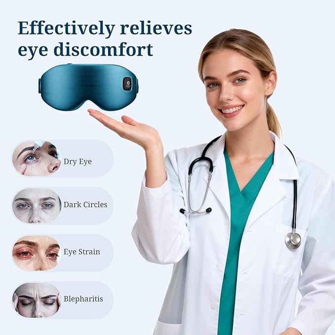 100% Silk Wireless Heated Eye Mask with Cooling, Relieves Dry Eye Syndrome and Puffy, Reduces Dark Circles, Adjustable Velcro Design and Washable Cover, Suitable for Travel & Gifts-Blue