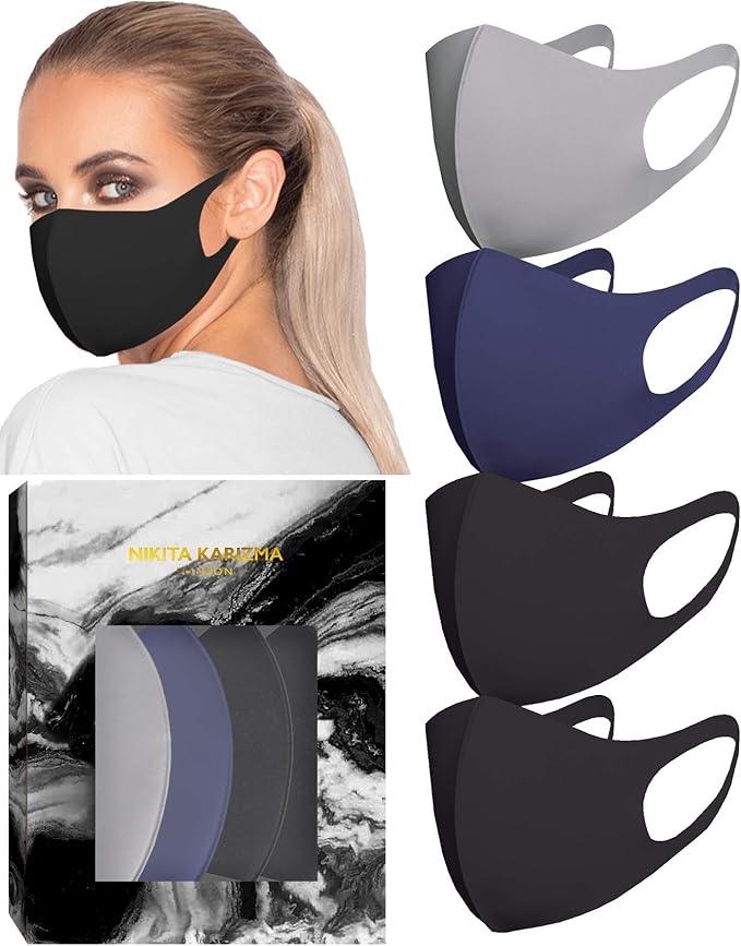 KARIZMA Styling Essentials Cloth Face Mask. 4 Buttery Soft Masks Washable Fabric. (Classic) Pink, Soft Grey, Blue and Black Face Mask Reusable. Fabric Face Mask 4 Pieces