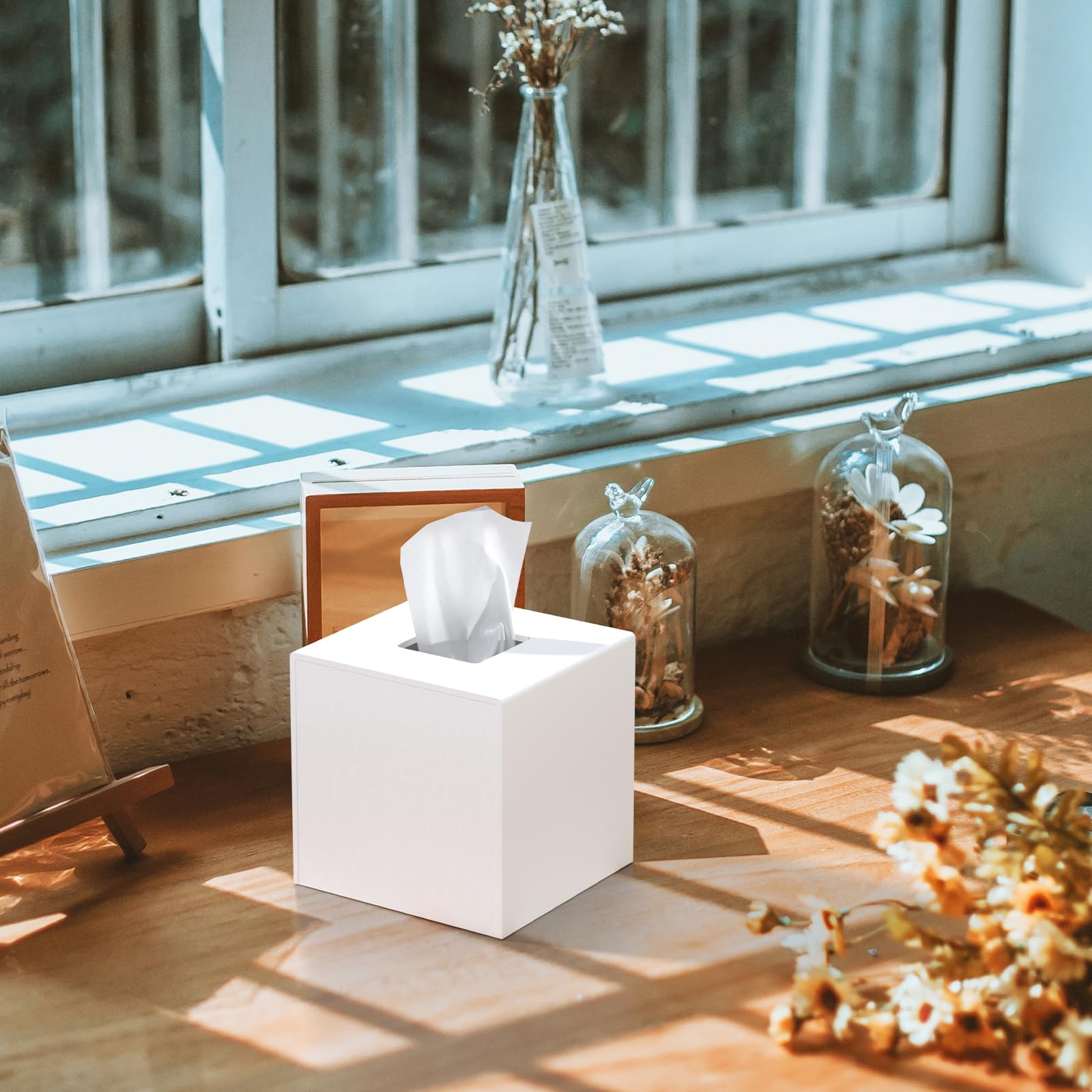 Tissue Box Cover, PITBVO Acrylic Tissue Box Holder Square Tissue Box Cover, Handmade Facial Tissue Holder Napkin Dispenser for Bathroom Kitchen Bedroom Office (Matte White, 5.5x5.5x5.5)