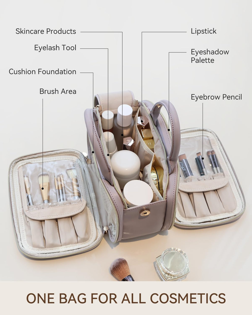Prite Large Makeup Bag, Waterproof Travel Cosmetic Case with Brush Holder