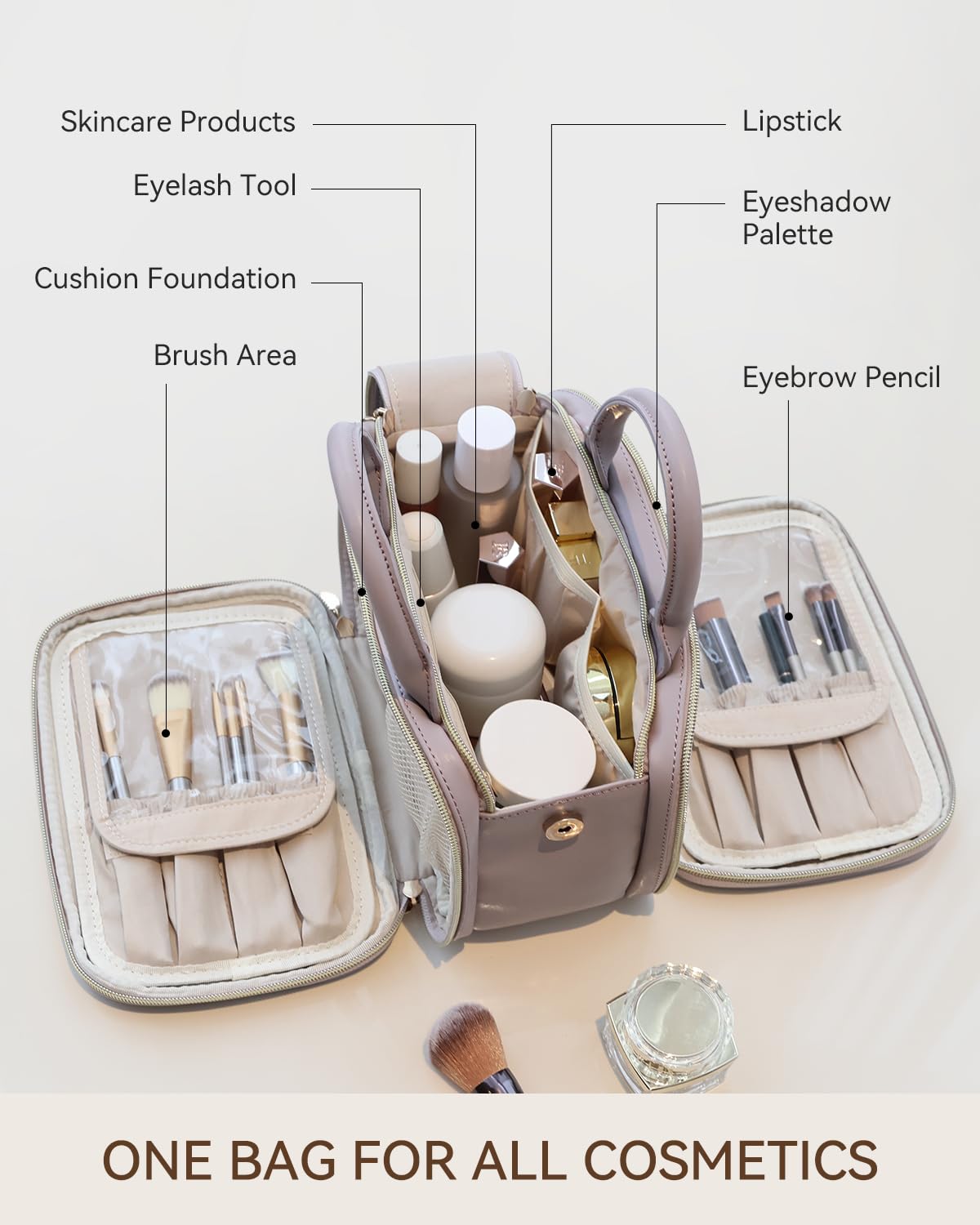 Prite Large Makeup Bag, Waterproof Travel Cosmetic Case with Brush Holder