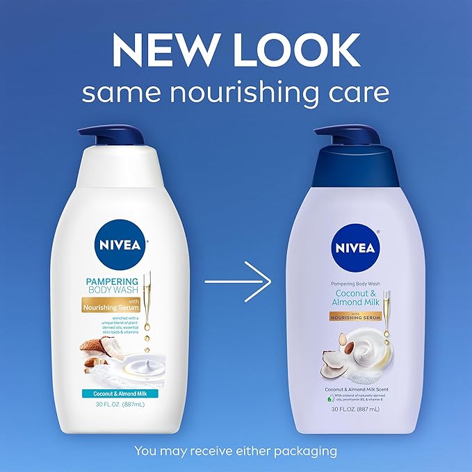 NIVEA Pampering Coconut and Almond Milk Body Wash with Nourishing Serum, Moisturizing Body Wash for Women, Enriched with Provitamin B5 and Vitamin E, 30 Fl Oz Bottle