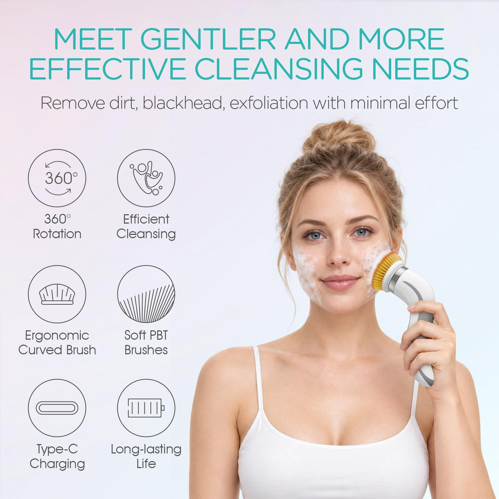 VOGOE Facial Cleansing Brush-Spin Face Scrubber Exfoliator Rechargeable, 2-Speed Rotation, Electric Face Wash Brushes for Cleansing and Exfoliating, with 2 Brush Heads, Grey