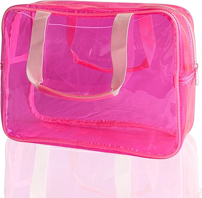 TotePrint PVC Clear Pure Color Transparent Large Zipper Cosmetic Pouch Travel Makeup Cosmetic Bag with Handle for Travel Bathroom Toiletry Organizer (Hot Pink)