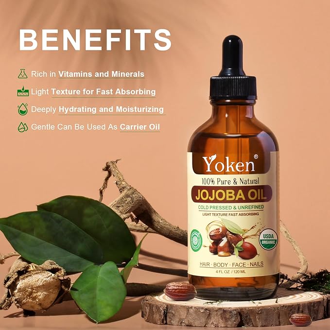Yoken Organic Jojoba Oil 4oz with dropper, Pure for Nails, Face & Skin Care
