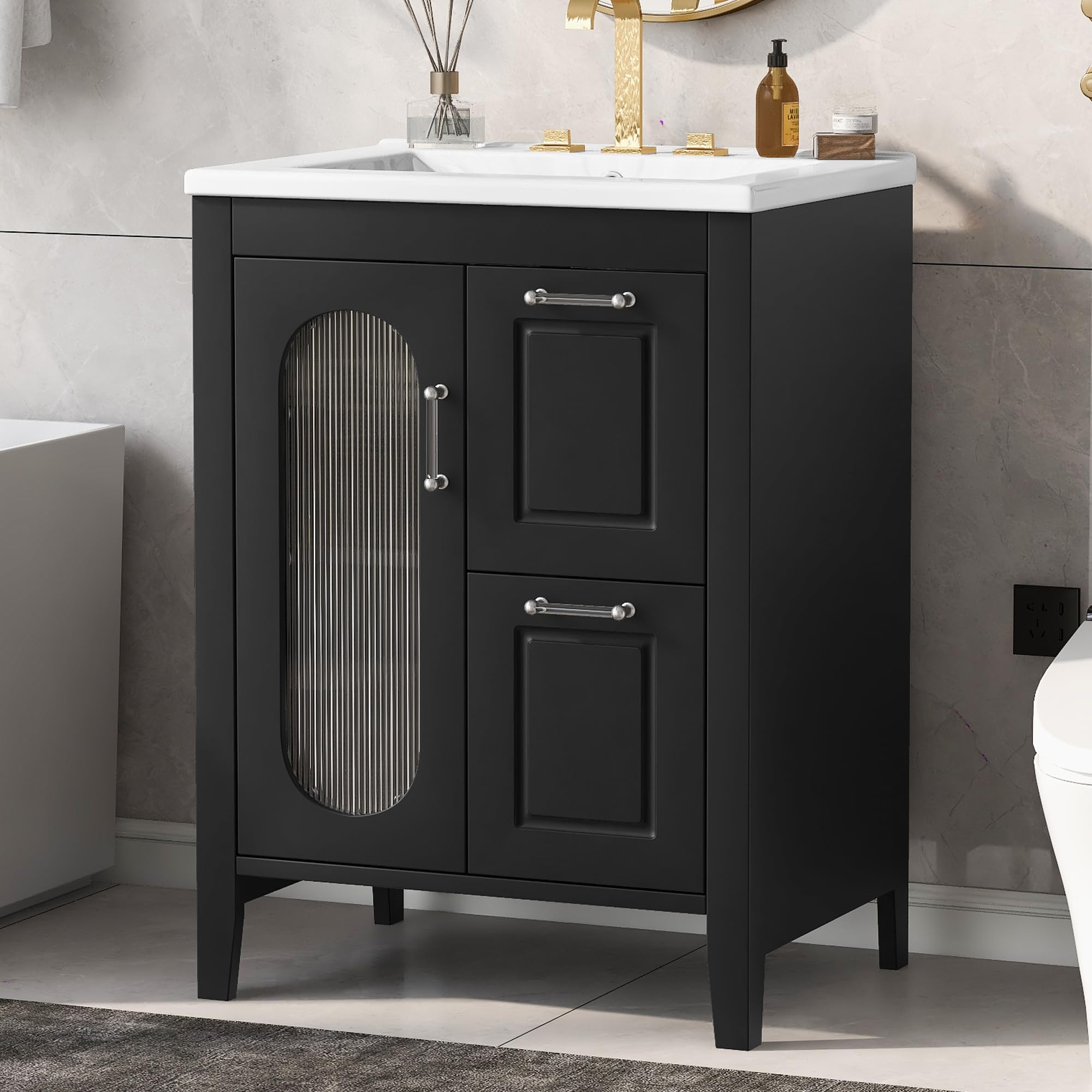 Harper & Bright Designs 24" Bathroom Vanity with Sink, Free Standing Single Basin Vanity Set with Two Drawers and Glass Door, Modern Wooden Bathroom Cabinet with Ceramic Basin for Bathroom, Black