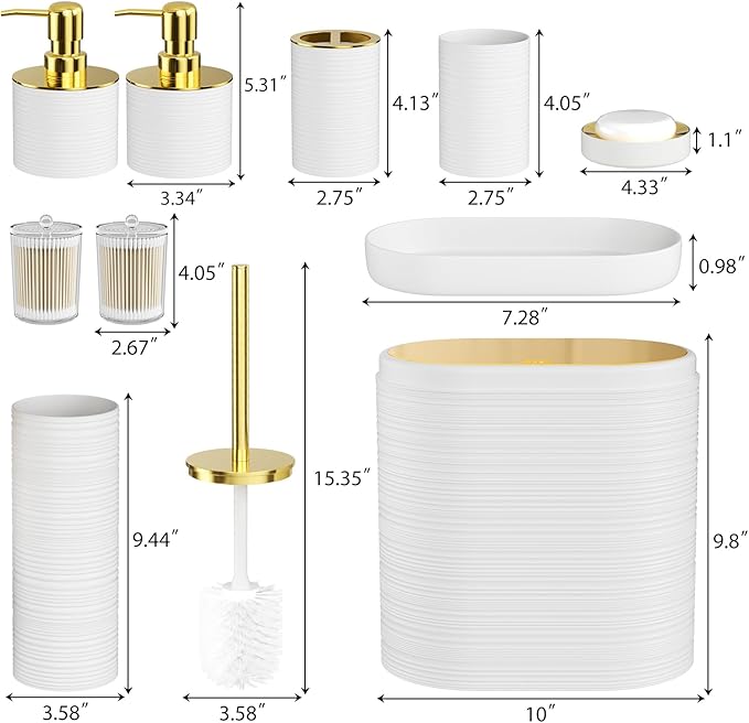 InnJoey Bathroom Set, 10PC Bathroom Accessory Set, White Bathroom Accessories, White and Gold Bathroom Set with Trash Can, Soap Dispensers