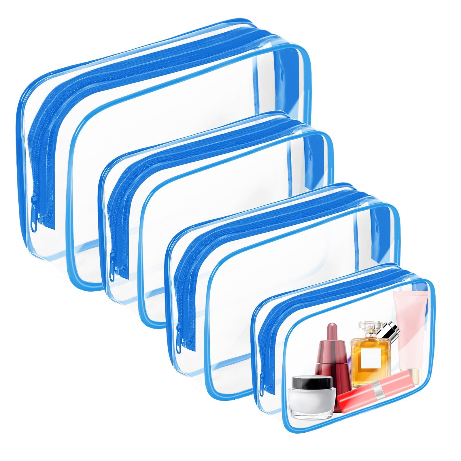 AURUZA Clear Makeup Bag,Portable Travel Toiletry Bags with Zipper, TSA Approved Clear Organizer Bags, PVC Cosmetic Pouch for Airport Airline Compliant (4 Packs Blue)