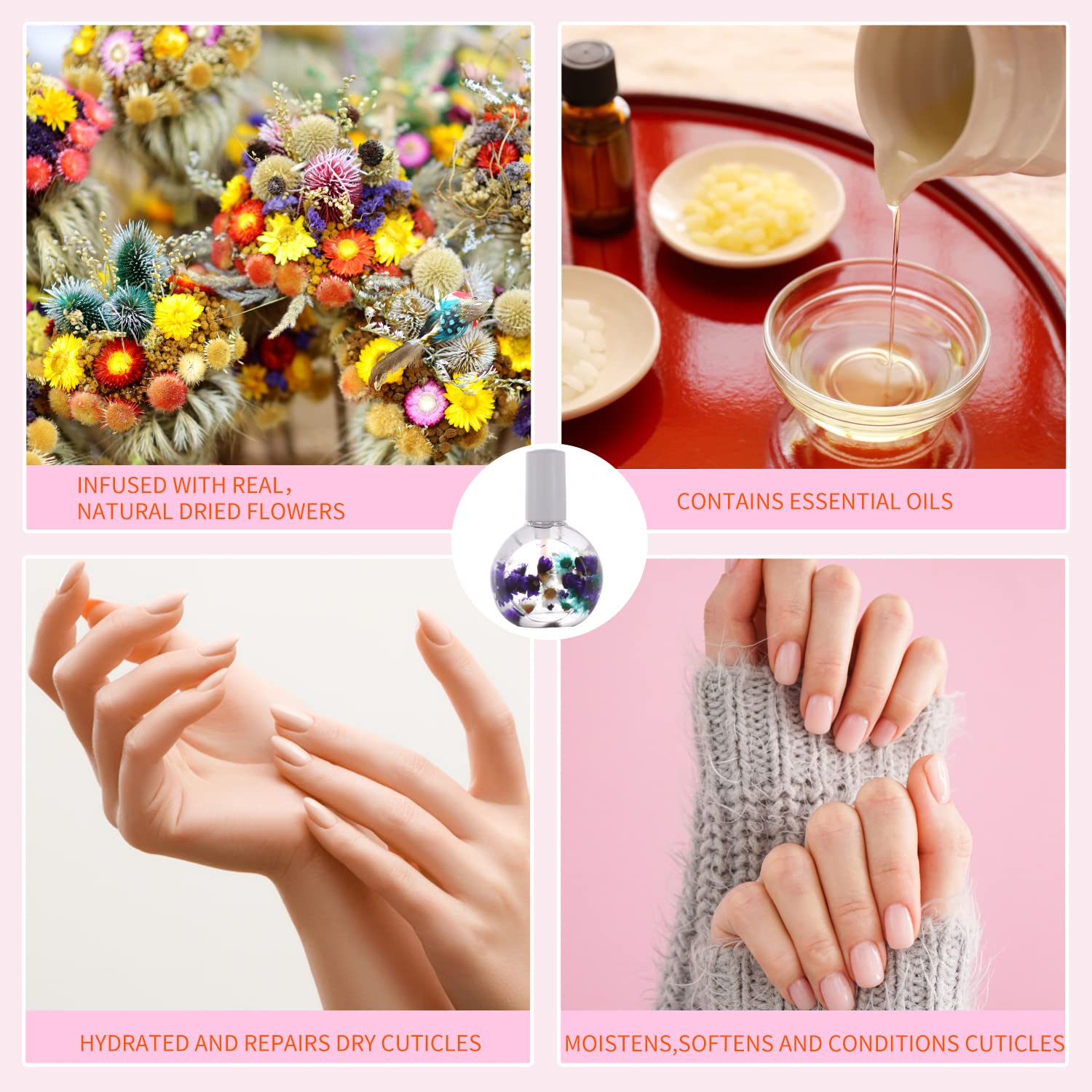 NBC BeautiLab FLOWER Essence Cuticle Oil. Use natural ingredients and vitamin E to moisturize and activate the cracked and hard stratum corneum. 0.92 oz