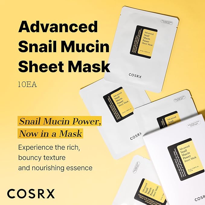 COSRX Snail Mucin Sheet Mask 10 EA with Snail Mucin Serum, Hydrating Face Sheet Masks for Dry & Sensitive Skin, Korean Face Mask for Self Care, Korean Skin Care