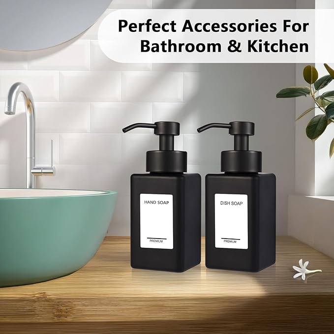 PLOUTA HOME Black Foaming Hand Soap Dispenser 2 Pack,12oz/350ml Glass Foaming Soap Dispenser Set with Stainless Steel Pump, Square Refillable Foam Pump Bottles for Bathroom&Kitchen,Includes 6 Labels