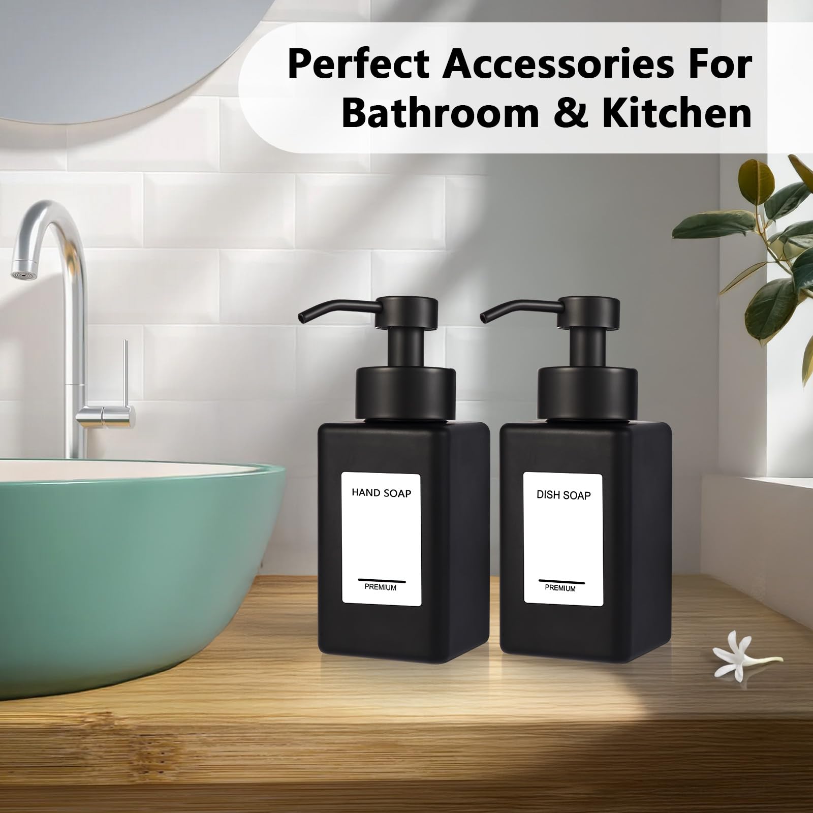 PLOUTA HOME Black Foaming Hand Soap Dispenser 2 Pack,12oz/350ml Glass Foaming Soap Dispenser Set with Stainless Steel Pump, Square Refillable Foam Pump Bottles for Bathroom&Kitchen,Includes 6 Labels