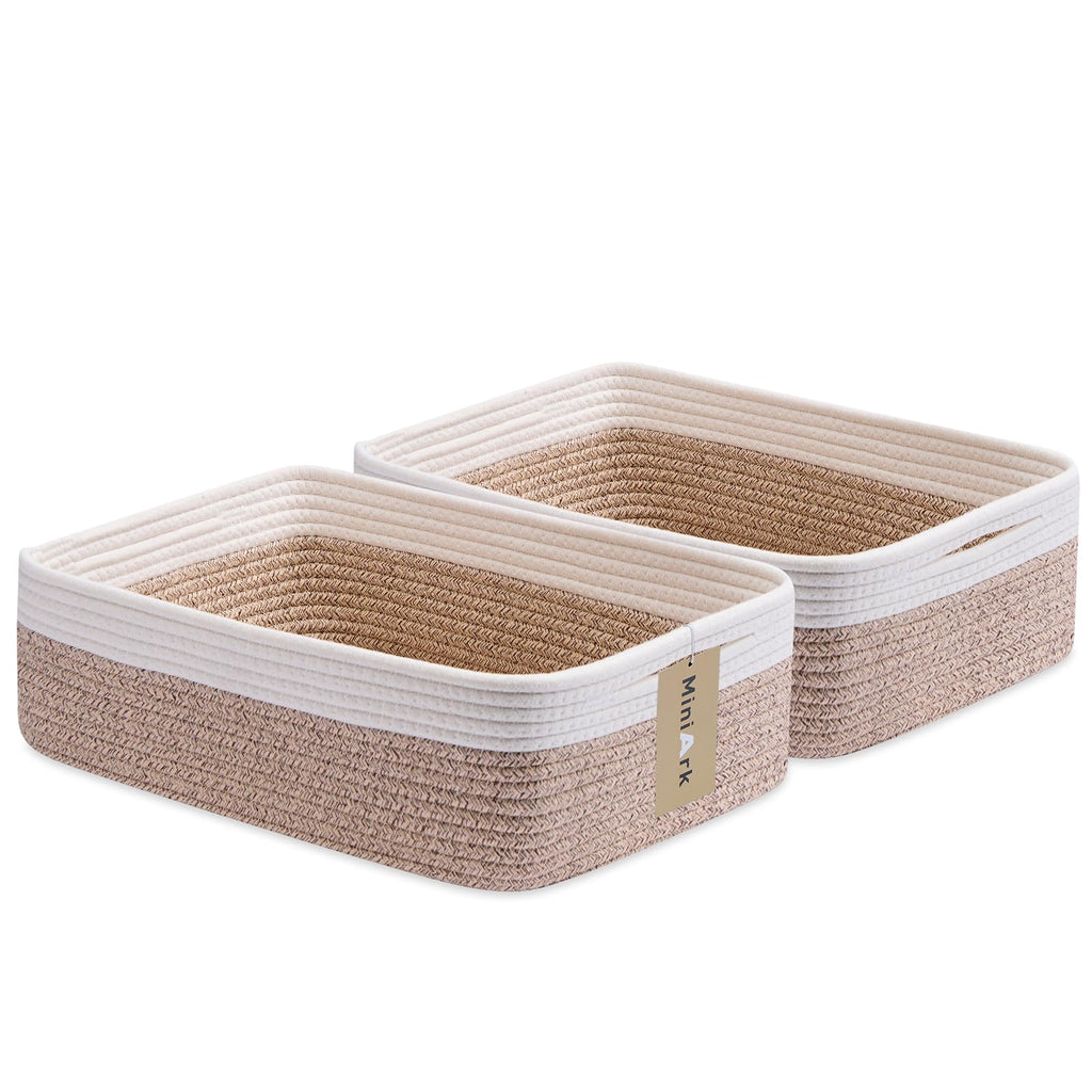 MiniArk Large Shallow Organizing Baskets 15x11x5.1 Inches - Rope Woven Storage Bins for Bathroom, Shelves, Cube Closet, White Mixed Brown 2 Packs