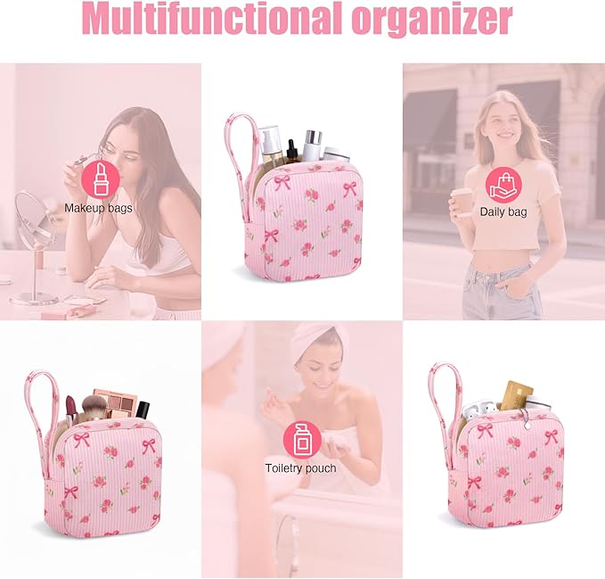 Chicarries Small Makeup Bag | Discreet Period Bag Pad Pouch for Purse| Sanitary Napkin Storage & Tampon Holder for Travel(Flower bow pink)