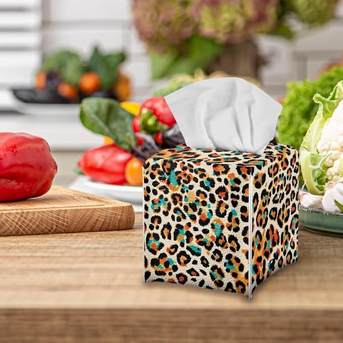 Leopard Print Tissue Box Holder Stylish Leather Square Tissue Box Cover with Top Handle Waterproof Napkin Case Holder Home Office Bathroom Decor