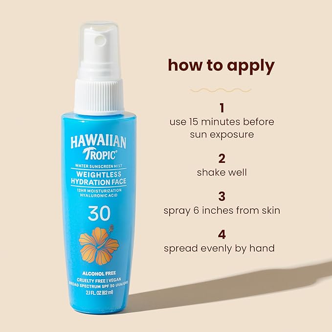Hawaiian Tropic Weightless Hydration Water Mist for Face SPF 30, 2.1Fl Oz, Travel Size SPF Face Hydrating Spray, Non-Comedogenic Sunscreen Facial Mist, Non-Aerosol Sunscreen Spray, 2.1Fl Oz(Pack of 2)