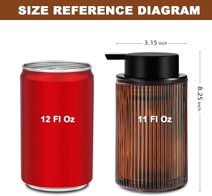 Amber Glass Foaming Soap Dispenser, Ribbed Foam Hand Soap Dispenser for Bathroom, 11 Fl Oz 2 Pack Refillable Foaming Pump Bottle with Black Pump, Modern Dish Soap Foam Dispenser