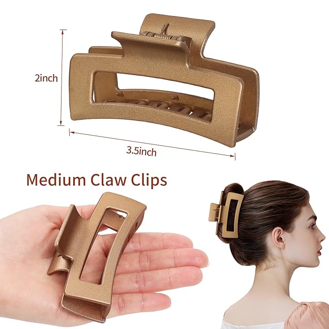 Sisiaipu 3.5 Inch Medium Hair Claw Clips 6 Pack Hair Clips for Women Square Rectangle Claw for Hair Banana Jaw Clips Hair Accessories for Girls (Gold)