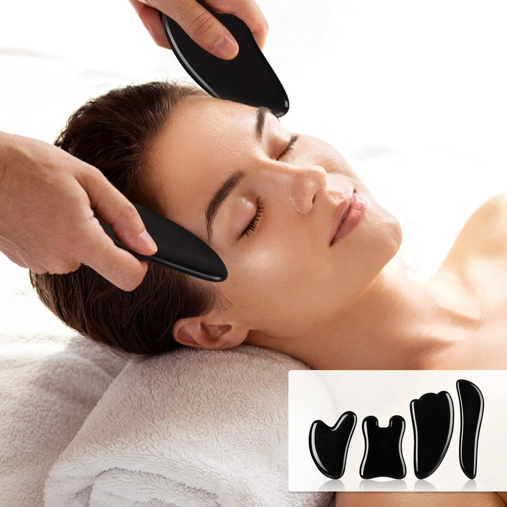 airogym Guasha Massage Tool, Natural Gua Sha Board, 4PCS Guasha Stone Scraping Massage Sets for SPA, Acupuncture, Physical Therapy, Muscle Knots, Facial Caring Point Treatment (Black)