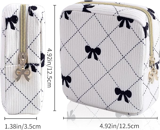 Teircno Period Bag for Women - Cute Corduroy Sanitary Napkin Storage Bag with Bow Design | Period Pouch for Daily Use, Travel | Discreet Menstrual Pouch | Pad Bags for Period Holds Pads, Tampons