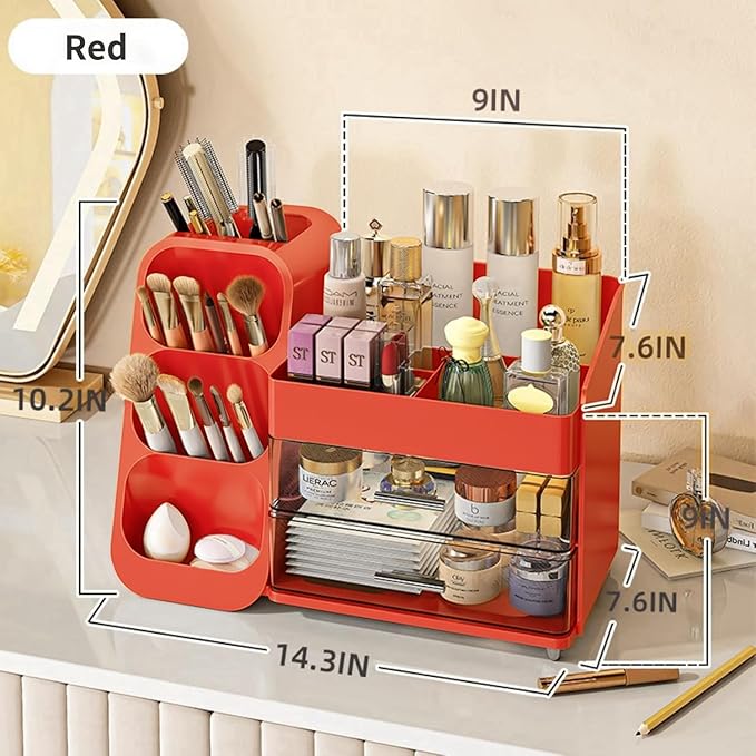 Booklov Large Makeup Organizer for Vanity Countertop, Red