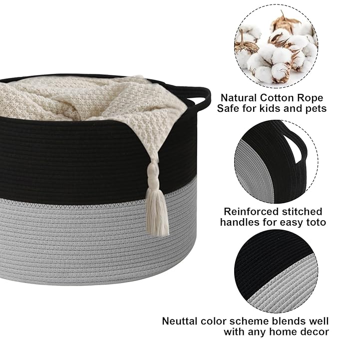 65L Large Blanket Basket,19.7"L x 19.7"W x 13"H Rope Woven Baskets with Handles, Toys Storage Bins,Laundry Basket Perfect for Living Room, Nursery,Bedroom,Home Organization,Black&Light Grey